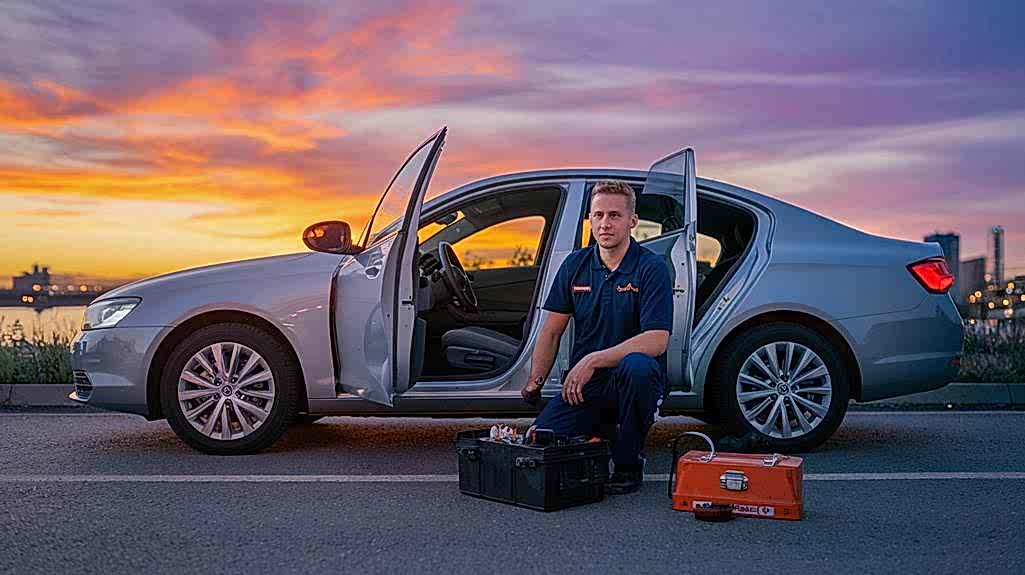Mobile car locksmith with tool cases beside an unlocked sedan at dusk in Las Vegas