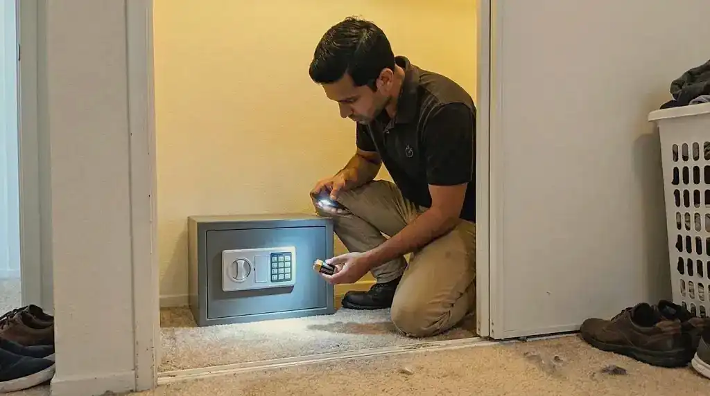 24/7 Locksmith 4U LV technician checking the keypad battery on a locked home safe in a Las Vegas condo closet
