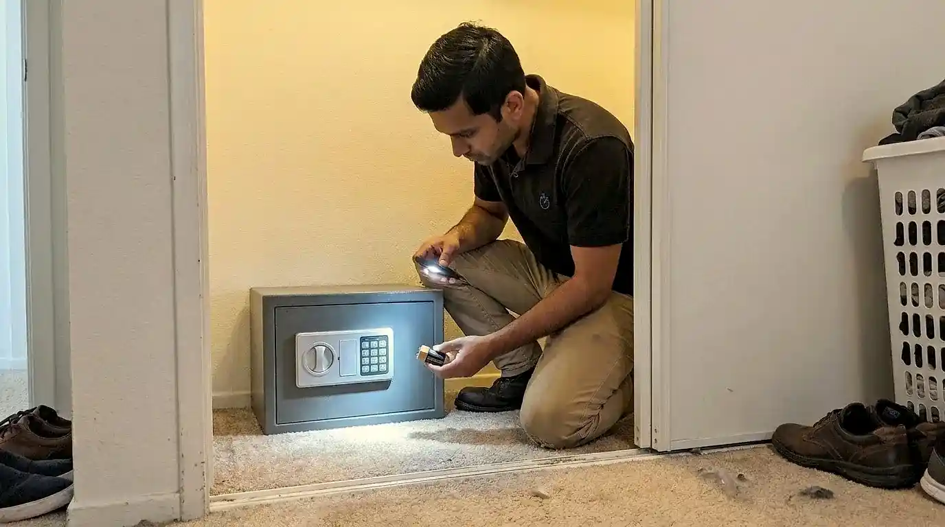 24/7 Locksmith 4U LV technician checking the keypad battery on a locked home safe in a Las Vegas condo closet