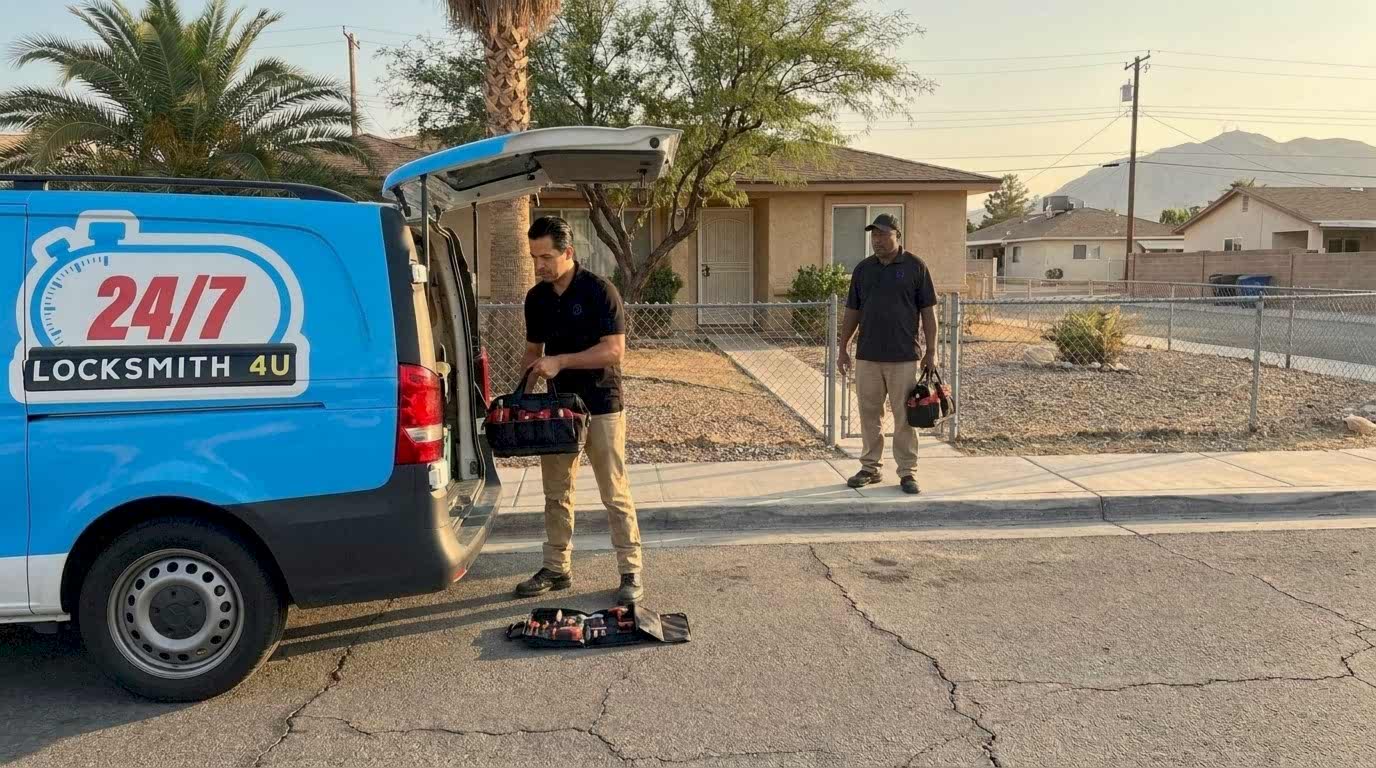 24/7 Locksmith 4U LV technicians unloading tools from the van outside a single-story ranch home in Sunrise Manor, Las Vegas