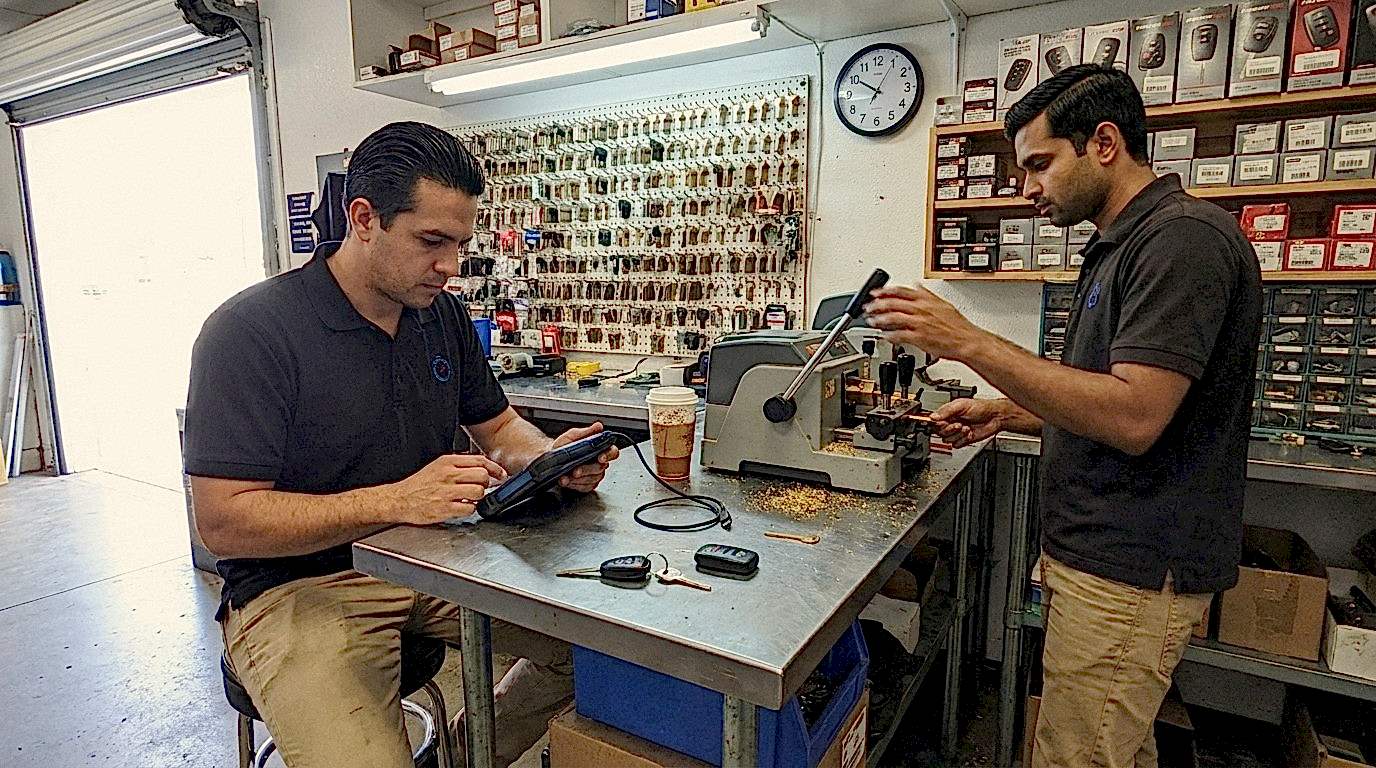 24/7 Locksmith 4U LV technicians programming a transponder key and cutting a blank at the shop bench on E Flamingo Rd in Las Vegas